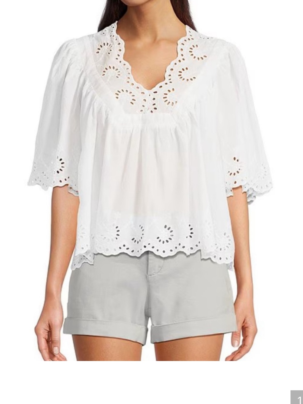 Dear John White Eyelet Scallop V-Neck Blouse